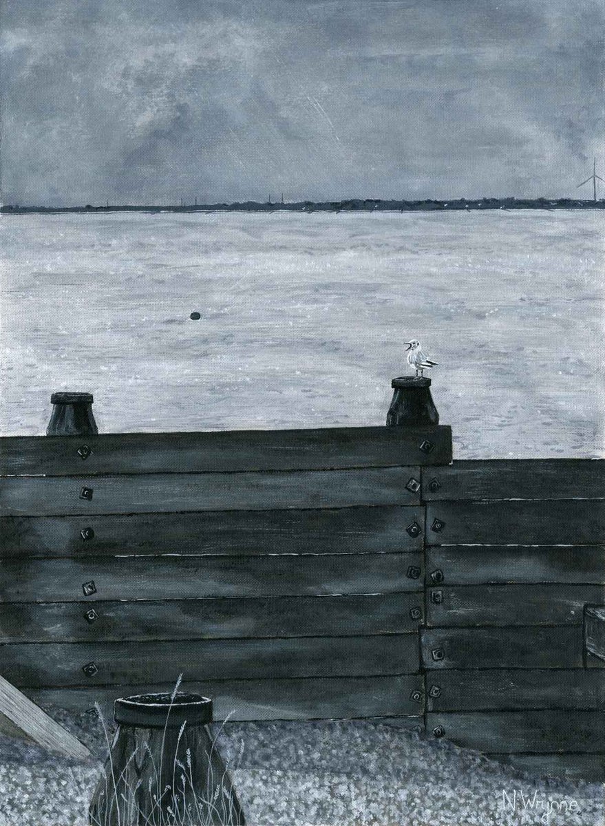 Beside the Sea - Black White Whitstable Beach view seagull by Neil Wrynne