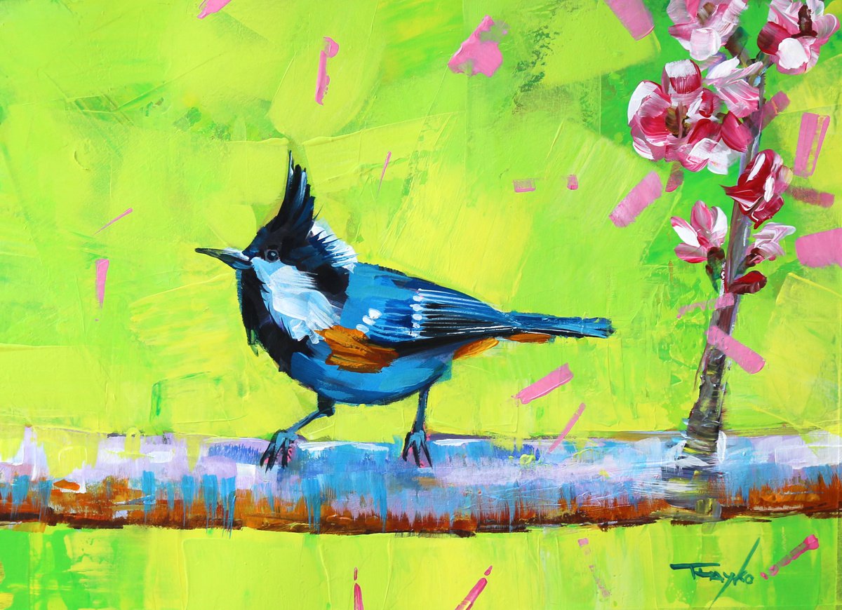 Expressive Animal Acrylic Painting By Trayko Popov, 12 X 9", Bird | Song | Trees, Original Artwork