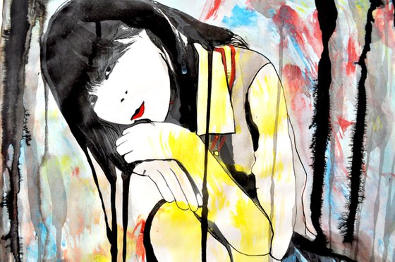 Japanese Schoolgirl Sitting Watercolour by Alex Solodov | Artfinder