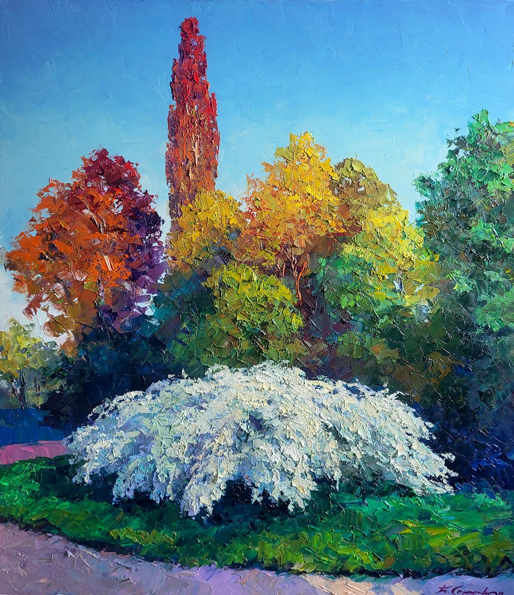 Impressionistic Landscape Oil Painting By Boris Serdyuk, 28 X 31, Spirea Wangutta, Original Artwork