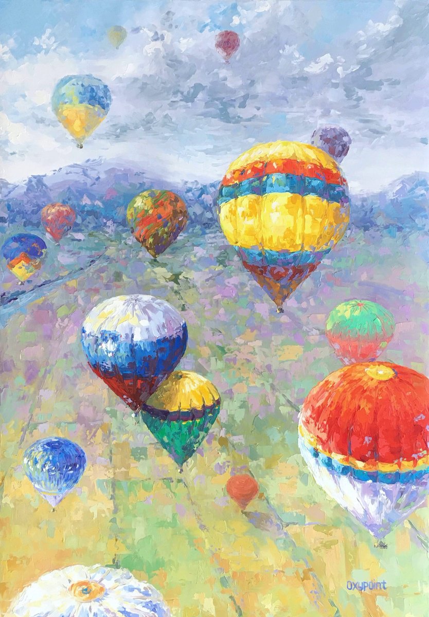 Impressionistic Landscape Oil Painting By Oxypoint, 28 X 39", "Hot Air Balloons", Original Artwork