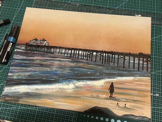Malibu Beach Pier -  original  on canvas board
