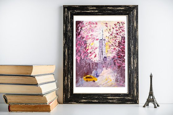 New York Painting Cityscape Original Art Yellow Taxi Oil Impasto Artwork Flowering Sakura Small Home Wall Art