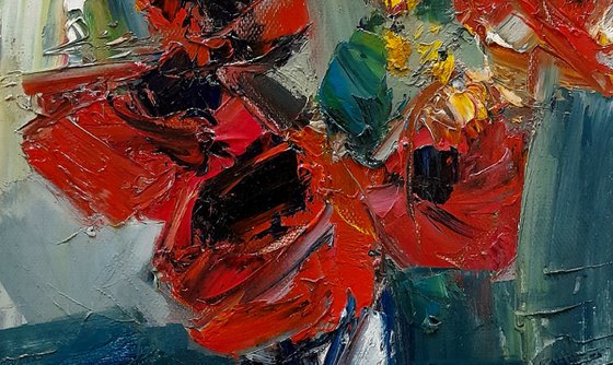 Red poppies (30x24cm, oil painting, palette knife)