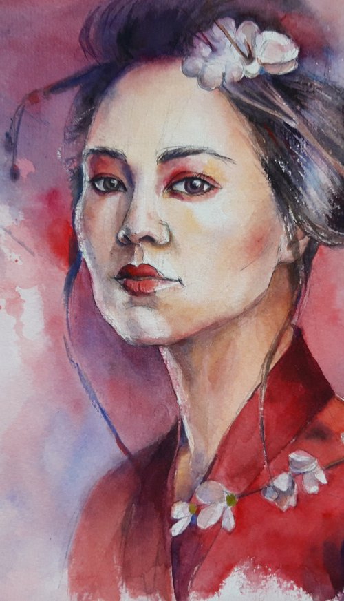 Geisha, Japanese Art, Japanese Culture, Sensual woman, Watercolour painting by Bozhidara Mircheva