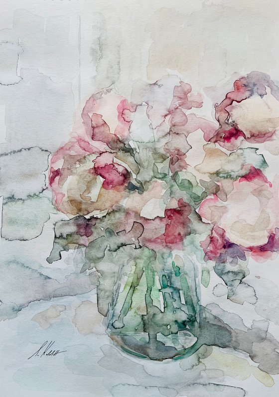 Bouquet with peonies. Original watercolour painting.