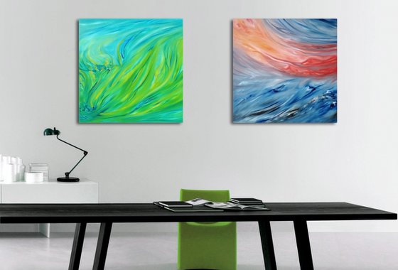 Composition of 2 artworks, Diptych, "Spring green" and "Red sunset on the sea", LARGE XXL 160X80 cm