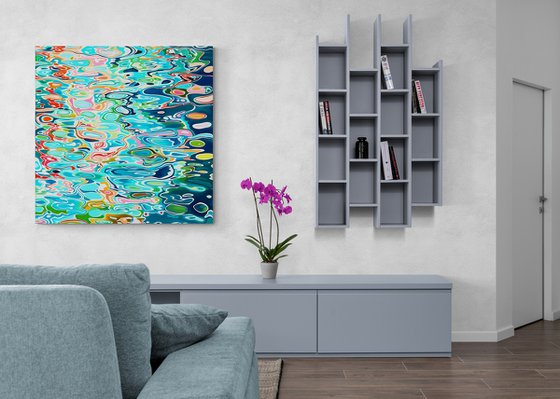 Turquoise sea ocean cool blue color waves with bright sun glares. Impressionistic artwork. Large wall art home decor. Art Gift
