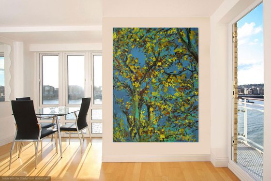 AUTUMN RHAPSODY. RELICT FOREST IN SAMUR - XXL large original painting, oil on canvas,  plants trees, blue yellow, ecology, love, landscape, impressionism,  interior art