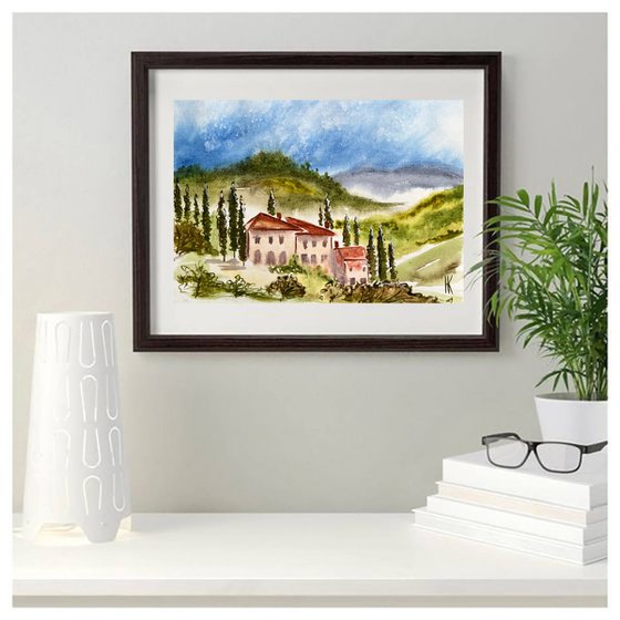 Tuscany Painting Italy Original Art Farm House Watercolor Poplar Tree Artwork Small Landscape Wall Art 12 by 8 inches