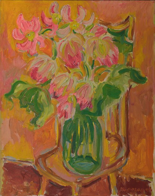 STILL-LIFE WITHH LOTUS FLOWERS - floral original oil painting, gift, love, rose flower, 120x100 by Karakhan