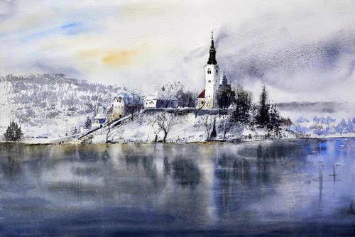 Bledsko jezero Bled Slovenija 53x35cm 2022 by Nenad Kojić watercolorist