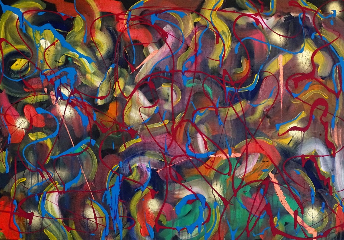 Abstract Acrylic Painting By Cb., 39 X 28, Shinning Gold Dots, Original Artwork