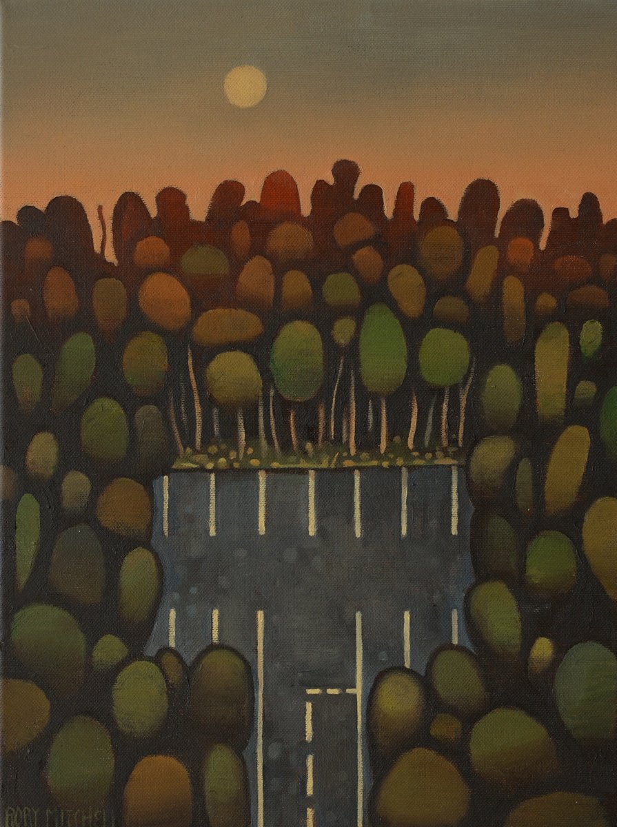 Naive Landscape Oil Painting By Rory Mitchell, 12 X 16", A Space Under The Warm Glow..., Original Artwork