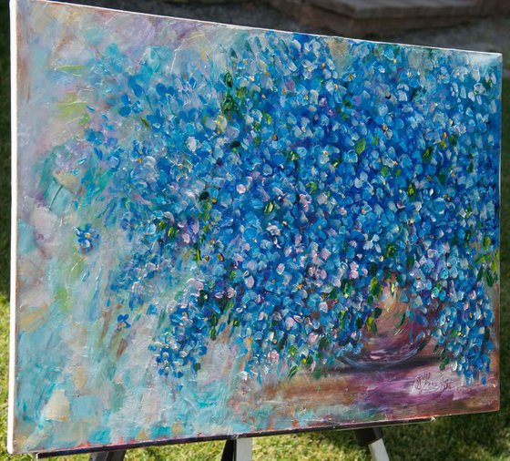 Bouquet Of Forget Me Nots - original oil painting-  24 "X 18" X 0.5"