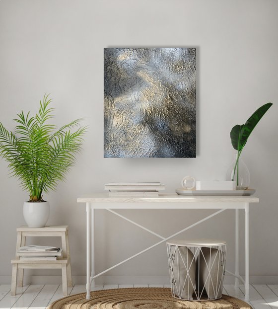 Textured sky with clouds. Gold, white and black original artwork