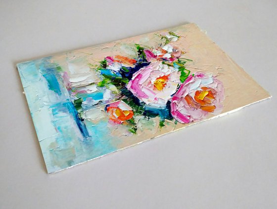 Floral Rose Painting Original Art Small Oil Artwork Flower Wall Art Mini Oil Painting