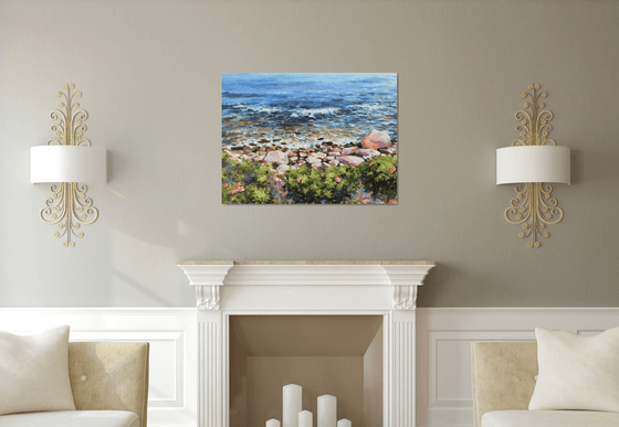 "Rose bushes by the shoreline", original one of a kind acrylic on canvas impressionistic painting (30x40")