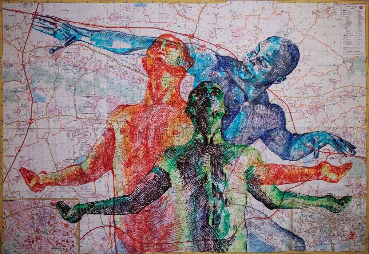 Impressionistic Transport Drawing By Kateryna Bortsova, 53 X 38", Arms Of Leipzig, Original Artwork