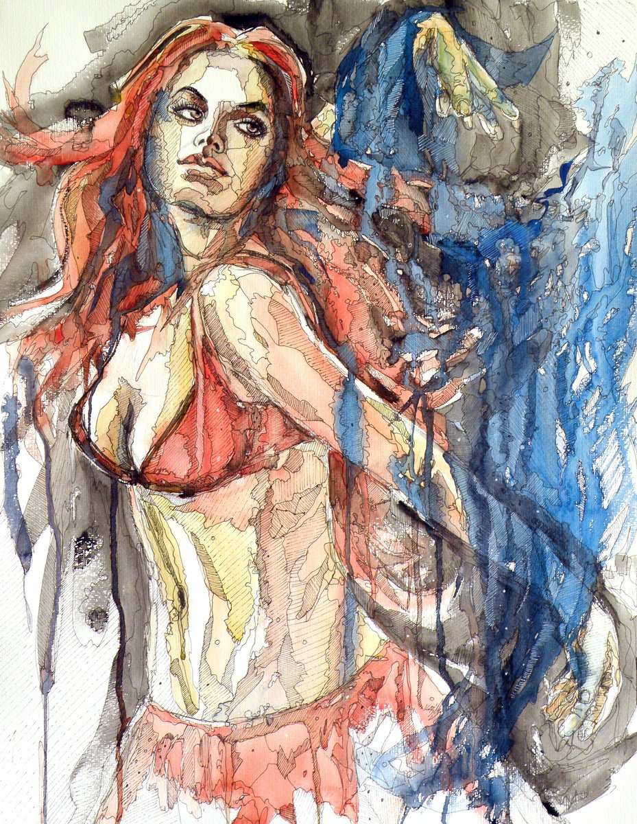 Expressive Portrait Watercolour By Kovacs Anna Brigitta, 20 X 28", Dancer, Original Artwork