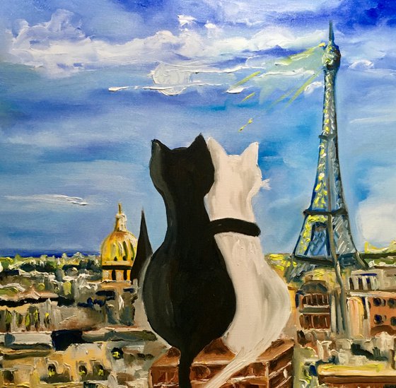 Cats in Paris. Parisian roofs , romantic evening.