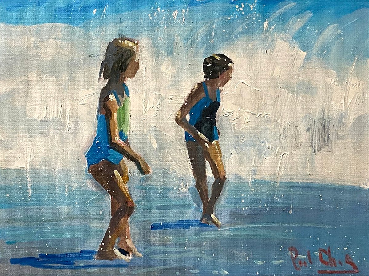 Impressionistic Landscape Oil Painting By Paul Cheng, 12 X 9", Beach Girls #22, Original Artwork