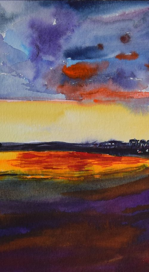 Sunset on the sea watercolor painting Beach on Canary Islands by Kate Grishakova