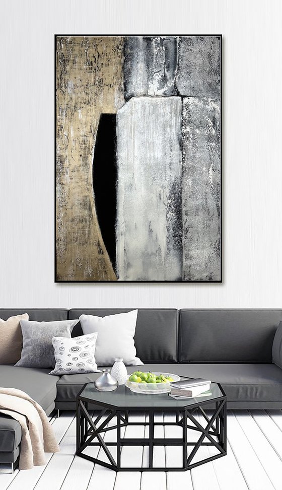 Black Gray Silver Abstract on canvas.