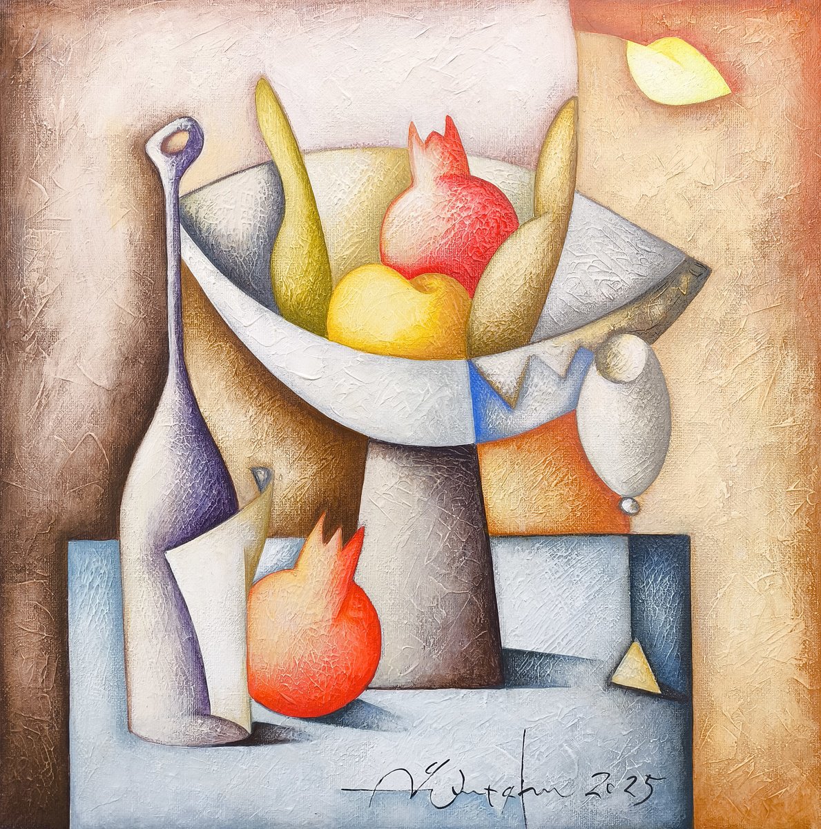 Naive Still Life Acrylic Painting By Sargis Zakarian, 16 X 16", Sculpted Fruits, Original Artwork