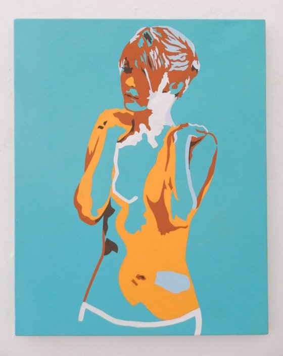 Standing Female Nude In Cerulean Blue and Yellow