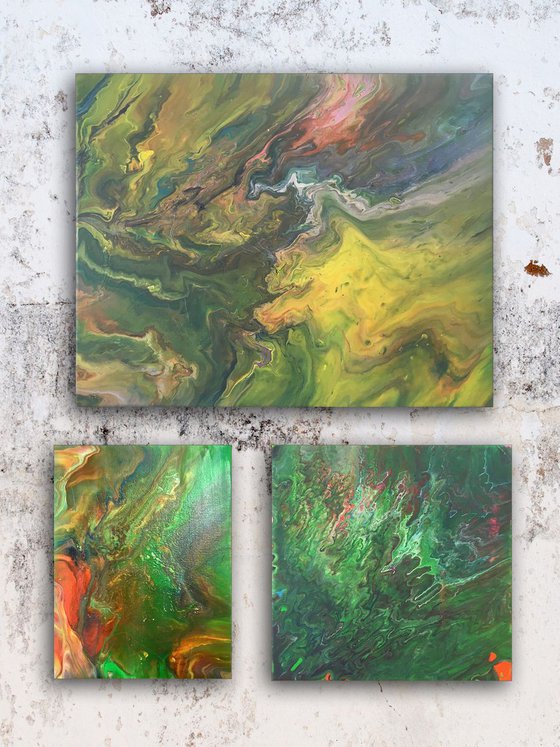 "Jungle Fever" - FREE USA SHIPPING - Original Triptych, Abstract PMS Acrylic Paintings Series - 21" x 28"