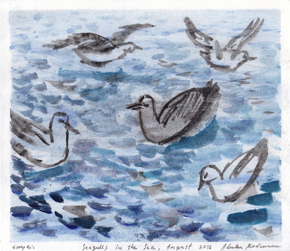 Seagulls in the Sea, August 2016, acrylic on paper, 21 x 24,2 cm by Alenka Koderman