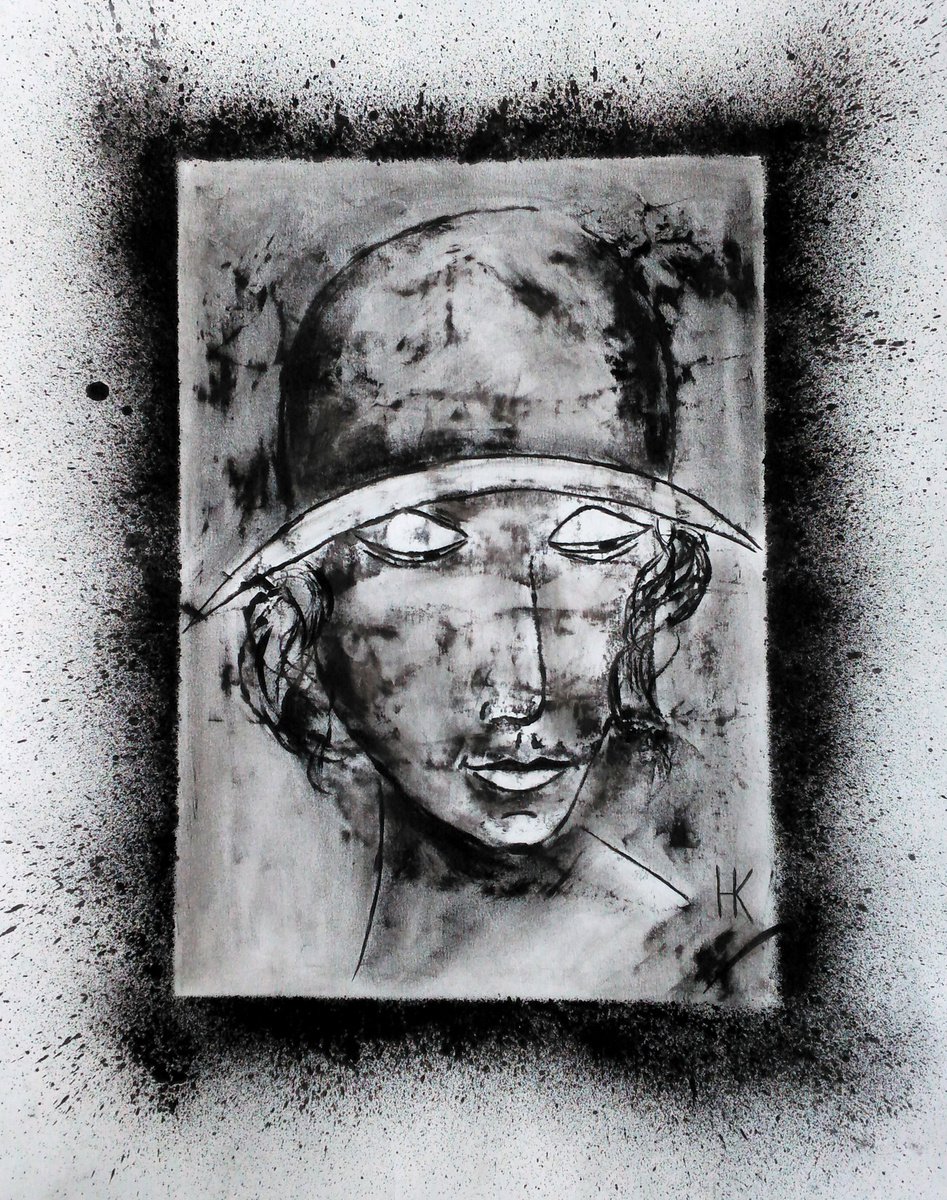 Female portrait black monochrome artwork original oil monoprint on paper Girl in hat by Halyna Kirichenko