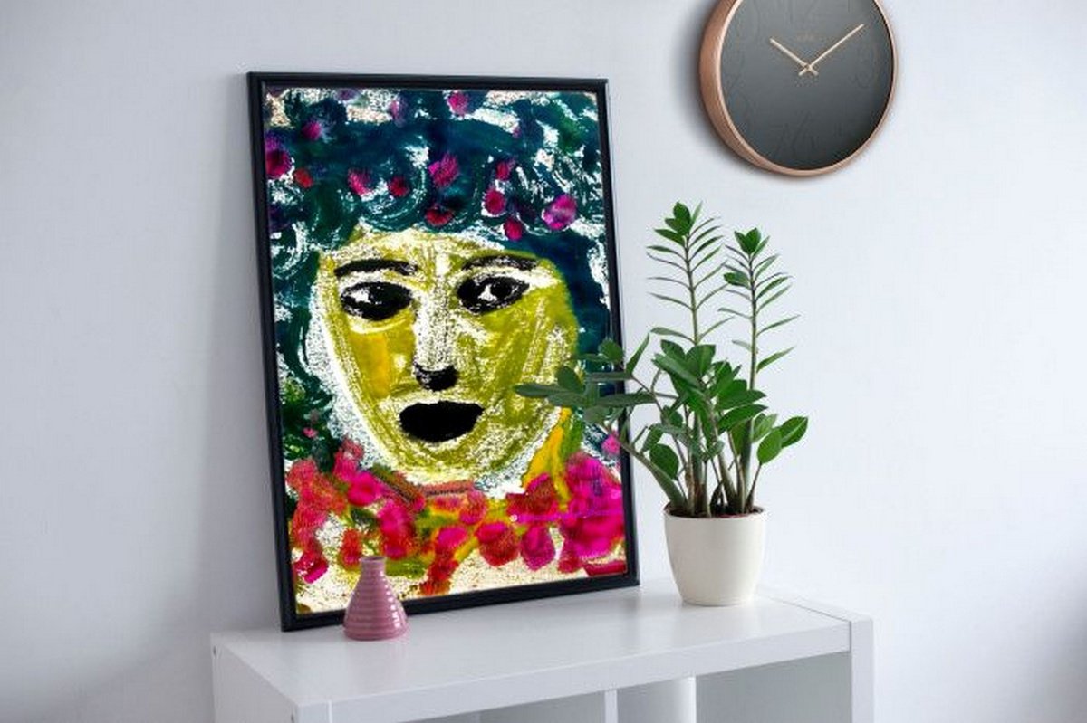 Portrait of a woman - The Face VIII - One of a kind Mono Type Print on paper 11x 8.25 by Asha Shenoy