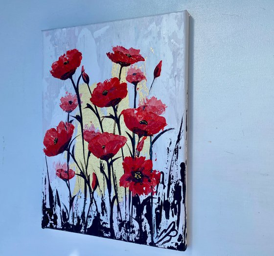 Gold Leaf Painting of Abstract Red Poppies