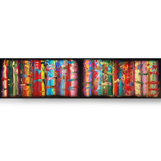 Rainbow A4 Large abstract paintings Palette knife 50x200x2 cm set of 2 original abstract acrylic paintings on stretched canvas