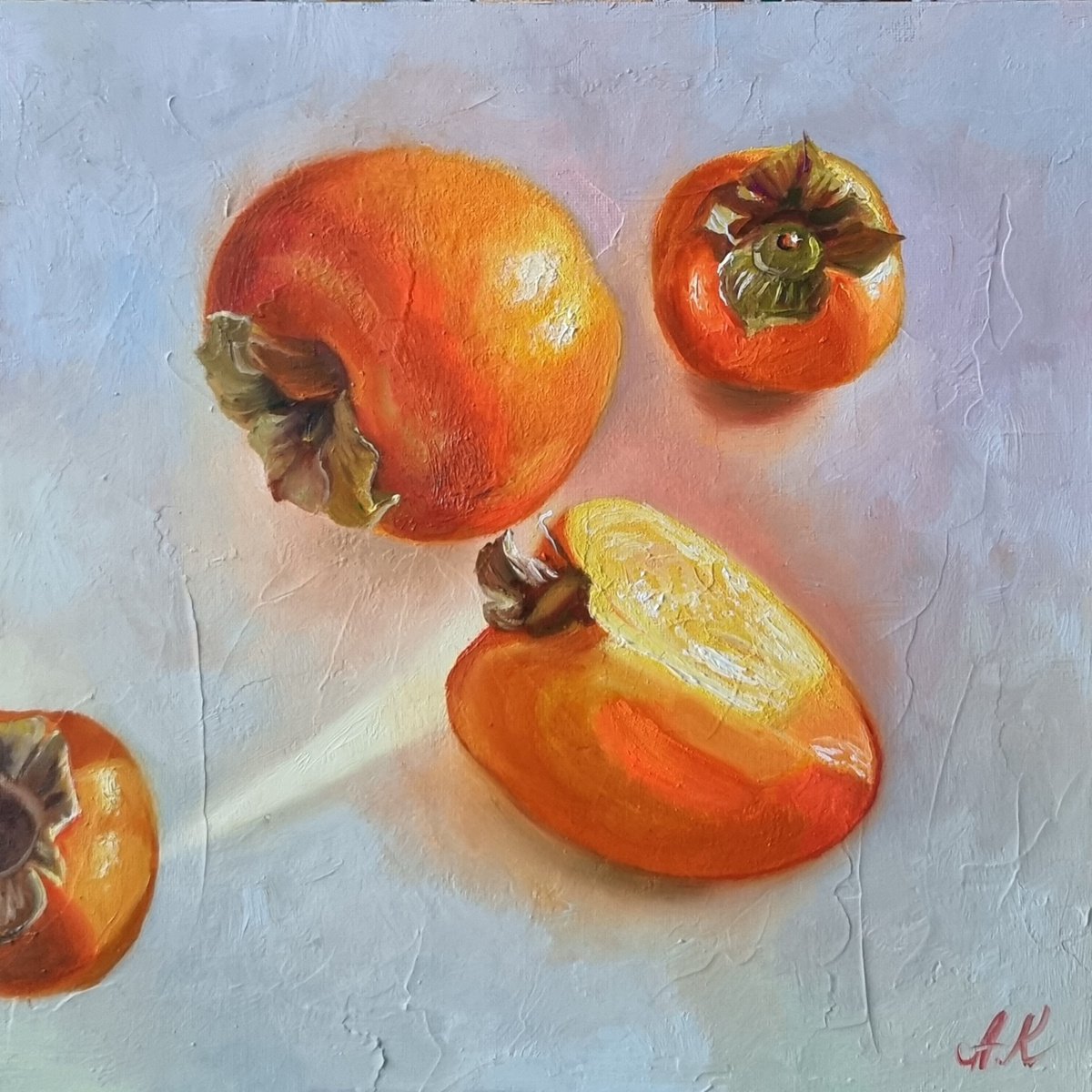 Fragrant persimmon. still life liGHt original painting PALETTE KNIFE GIFT (2021) by Anna Kotelnik