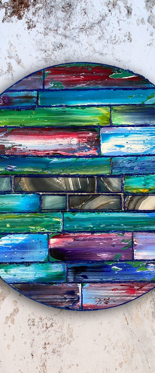 "Our Dream Home" - Original PMS Assemblage Sculptural Painting On Wood and Marbled Glass Backsplash Tile - 18 x 18 inches by Preston M. Smith (PMS)