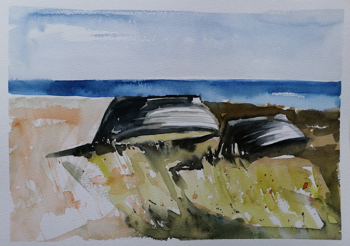 Photorealistic Landscape Watercolour By Olga David, 14 X 10", Fishing Boats On The Shore, Island Ruegen, Original Artwork