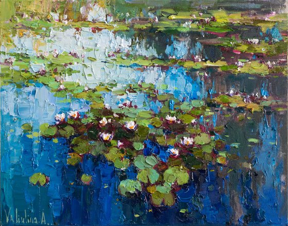 White Water Lilies - Pond flowers  Impasto Original Oil painting