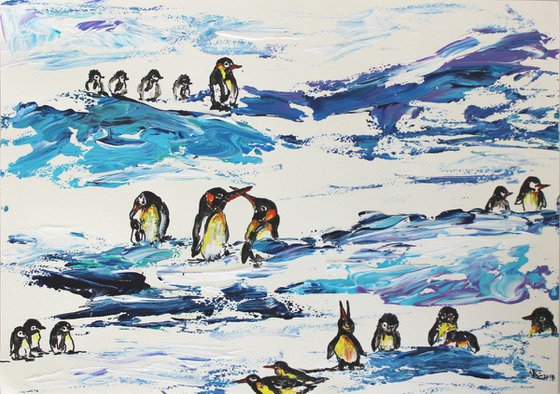 Penguin World - "We the Planet , 2018 " - Birds Landscape Impasto Painting on 300 GSM Handmade Paper - Bird Art