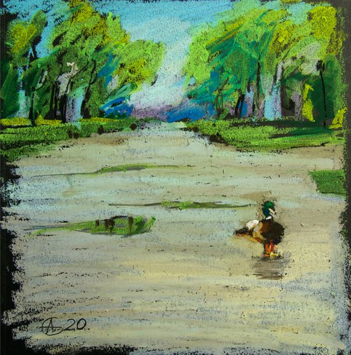 Lonely duck. Oil pastel painting. Small interior decor gift travel england travel London shadow original impression by Sasha Romm