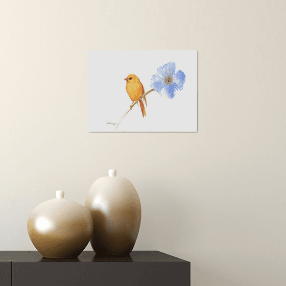 small canary and big blue flower