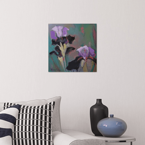 Black purple irises. Flower art