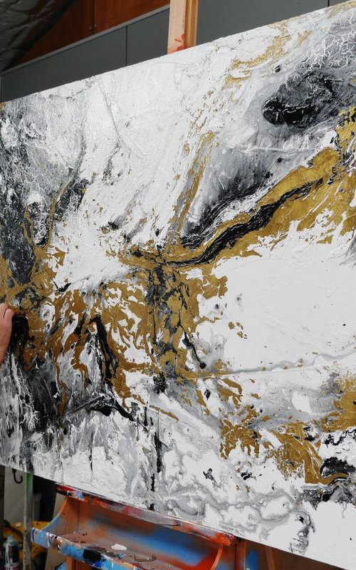 Minimalist Metallica 160cm x 100cm texture Abstract painting Gold Black White by Franko