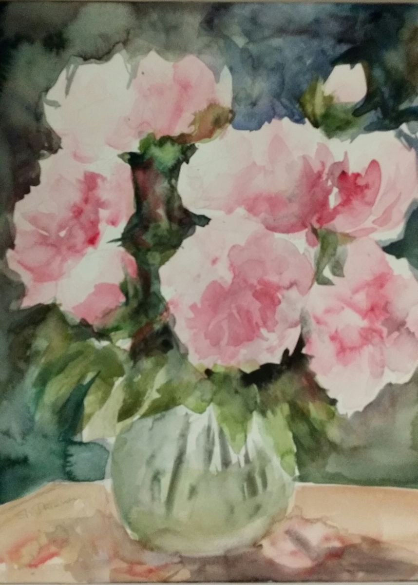 Impressionistic Botanical Watercolour By Els Driesen, 12 X 16, Roses In A Vase, Original Artwork