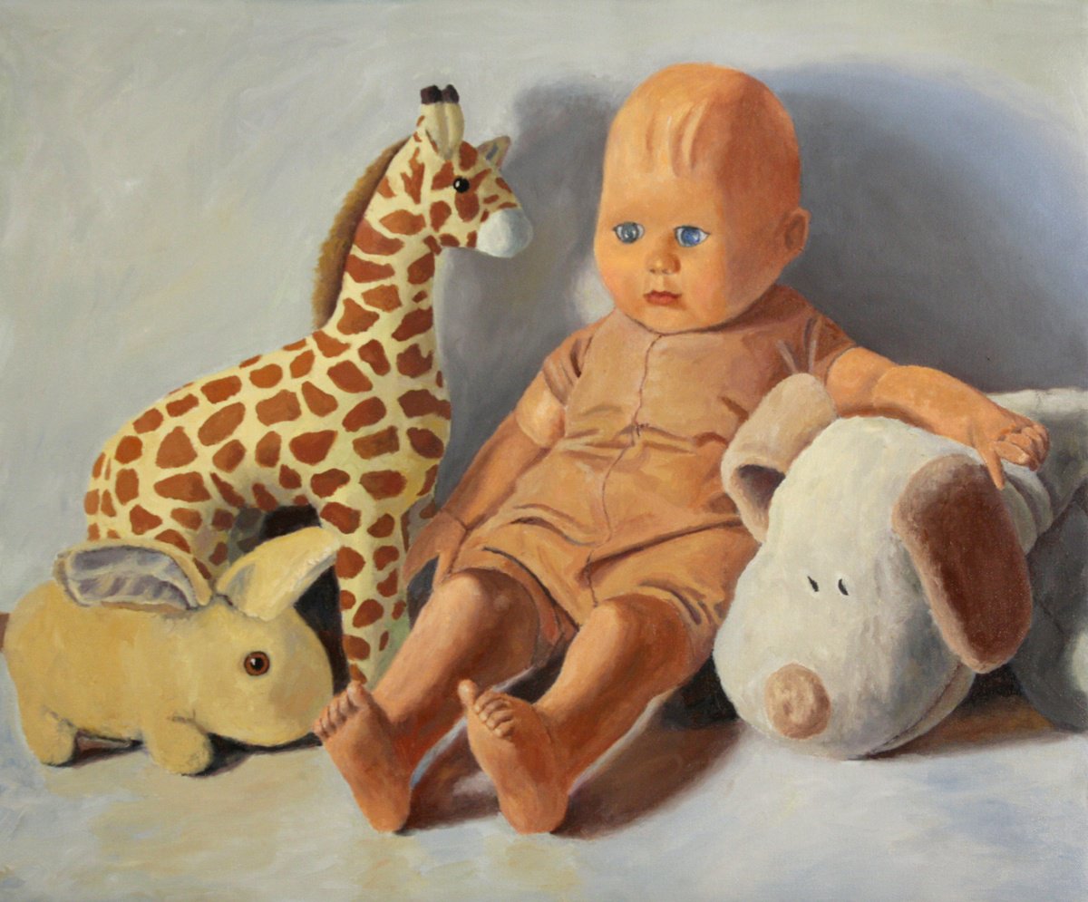 Photorealistic Still Life Oil Painting By Douglas Newton, 24 X 20, Doll With Pals, Original Artwork