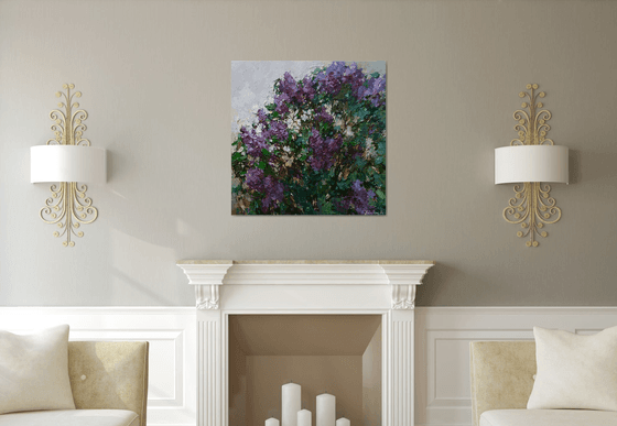 Blooming purple lilacs Original oil painting 90 x 90 cm