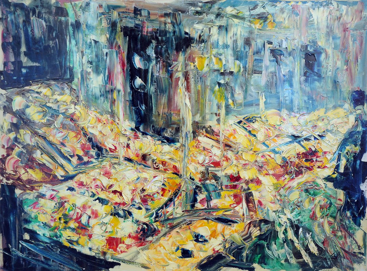 Impressionistic Abstract Oil Painting By Antonino Puliafico, 31 X 24, Bancarelle, Original Artwork