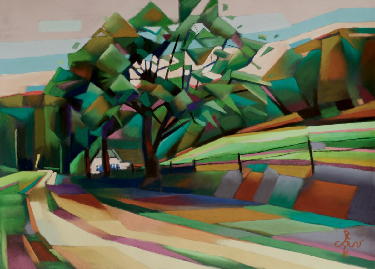 Geometric Landscape Pastel Drawing By Corne Akkers, 28 X 20, Berg En Dal - 30-12-23, Original Artwork